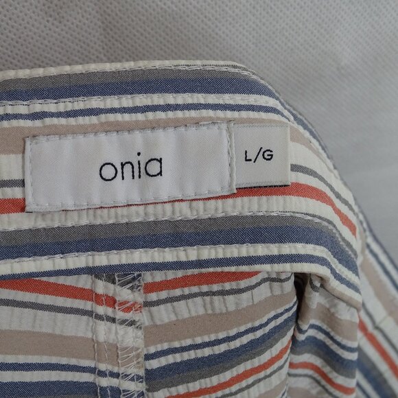 Onia Striped Swim Board Shorts Men Size L Zipper Fly Cream Gray Tan Pockets - Picture 6 of 12